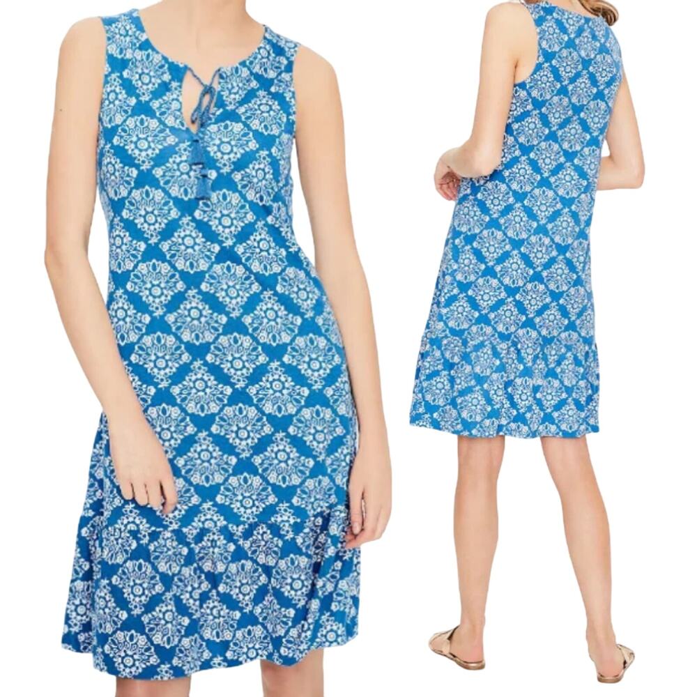 Boden Arabella Mini Dress Jersey Knit Tassel Tie Neck White Floral Blue Womens 4